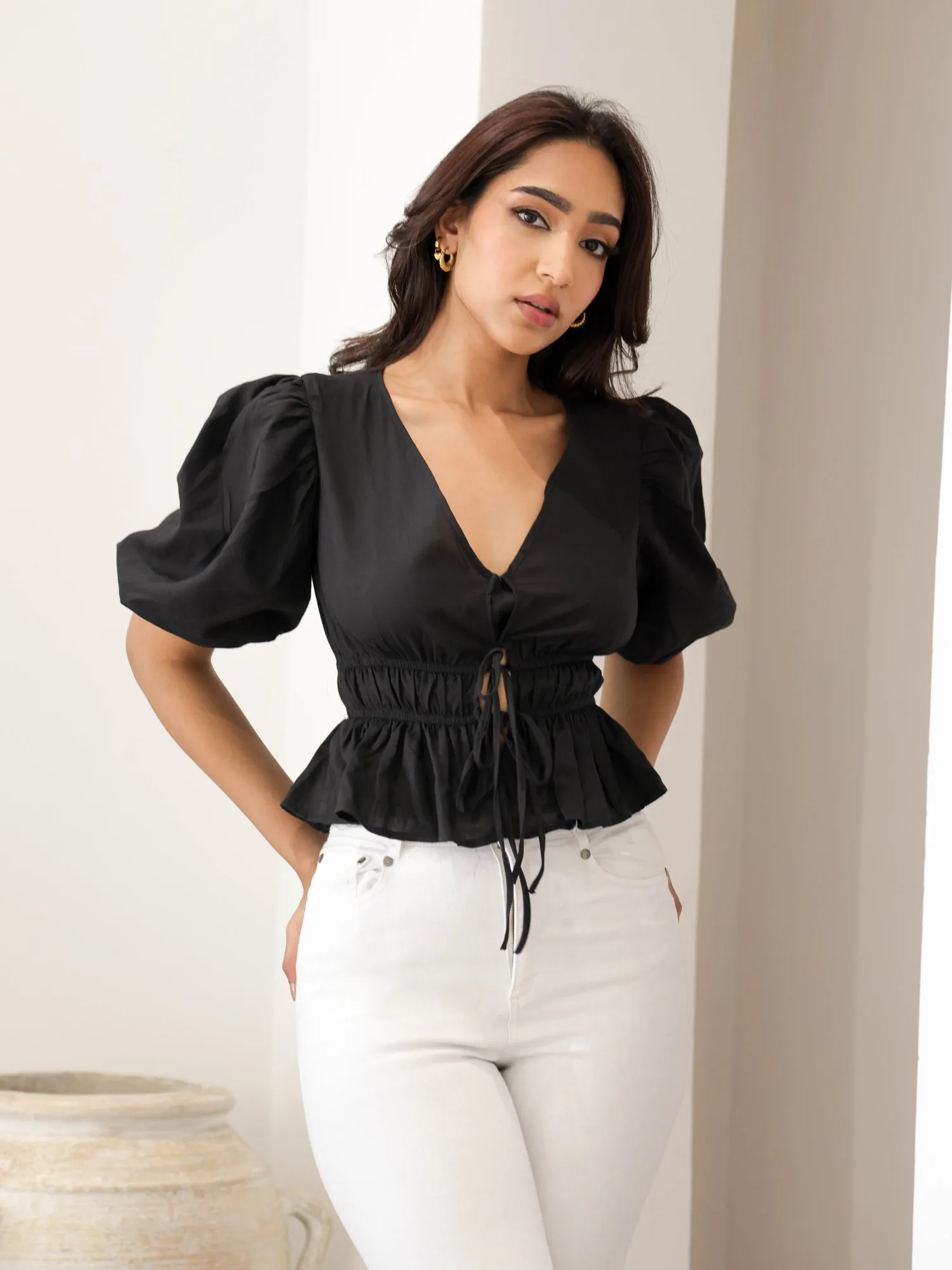 Bustier Detailed Puff Sleeved Peplum Top
