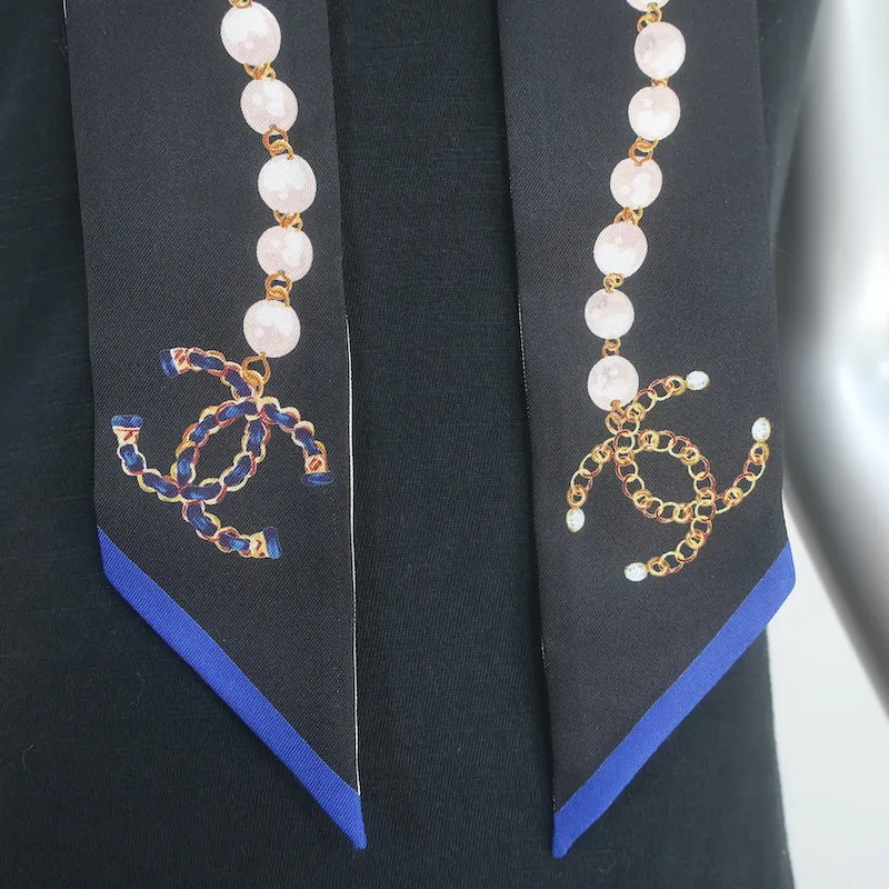 Chanel CC Pearl Print Silk Twilly Bandeau Scarf Black/Cream NEW