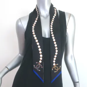 Chanel CC Pearl Print Silk Twilly Bandeau Scarf Black/Cream NEW