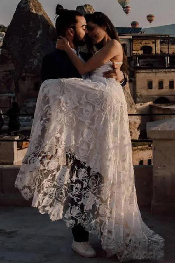 Charming Ivory Lace Floor Length V Neck Long Wedding Dresses on Line, MW237