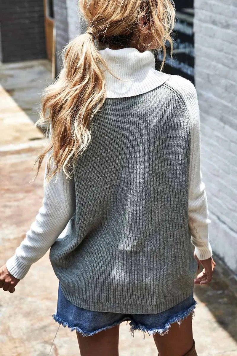 Chicindress Contrasting High Neck Solid Sweater
