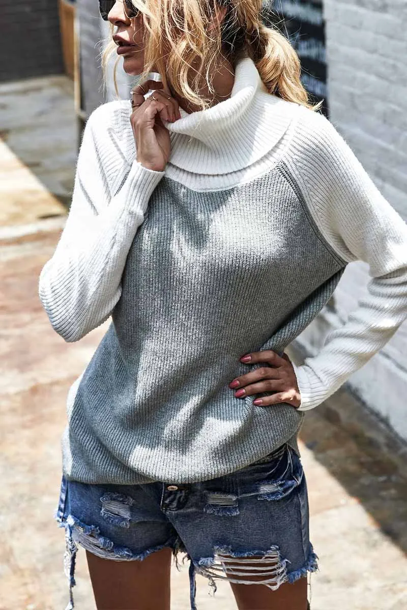Chicindress Contrasting High Neck Solid Sweater