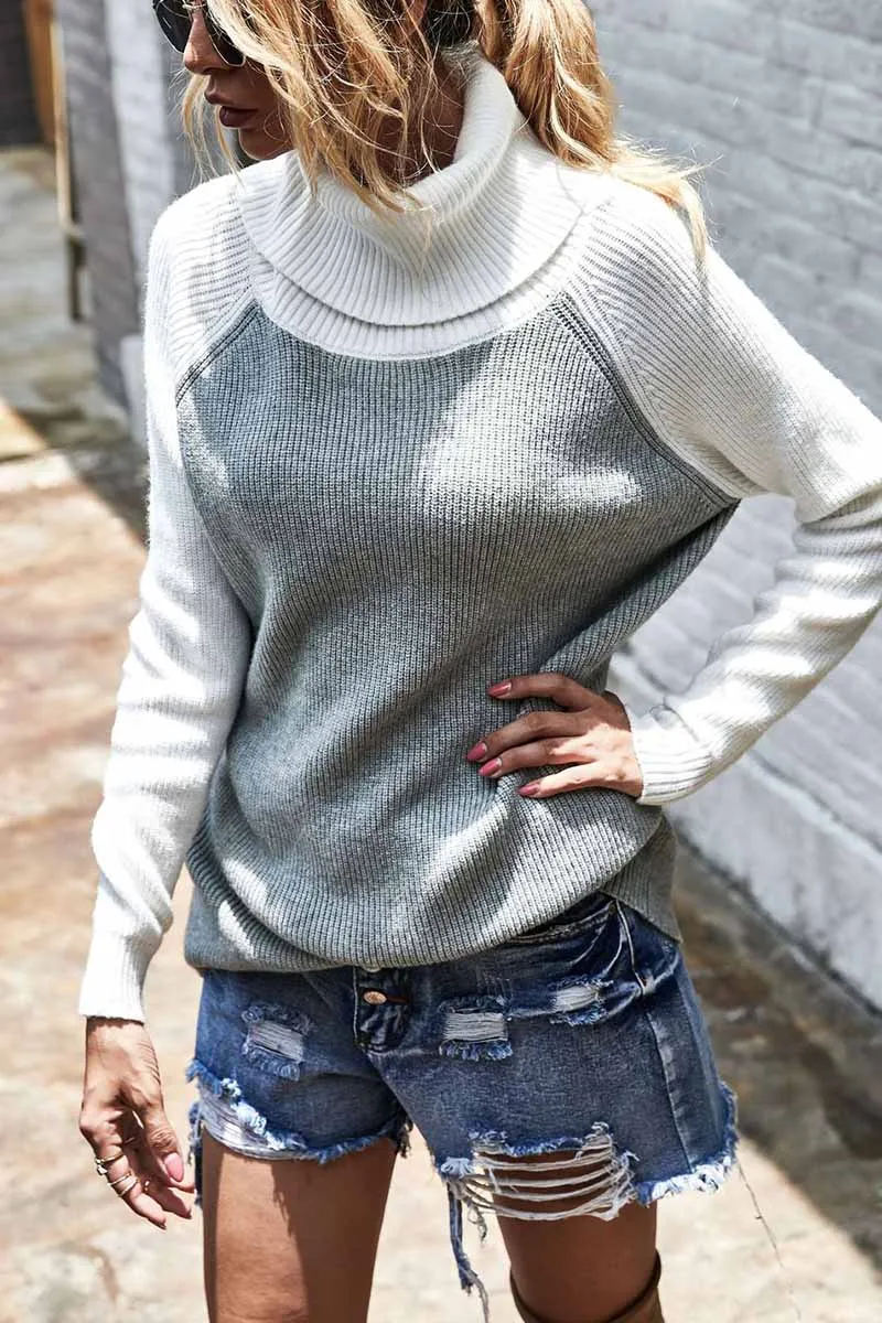 Chicindress Contrasting High Neck Solid Sweater
