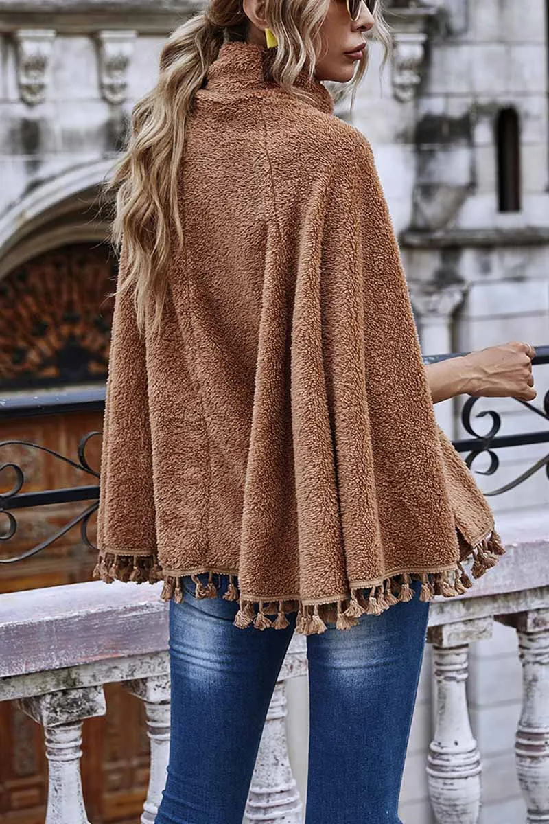 Chicindress Loose High Neck Cape Coat With Fringed