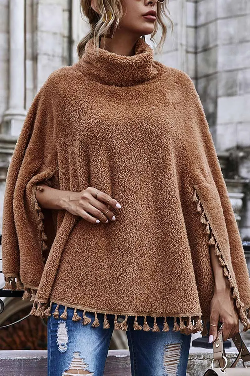 Chicindress Loose High Neck Cape Coat With Fringed