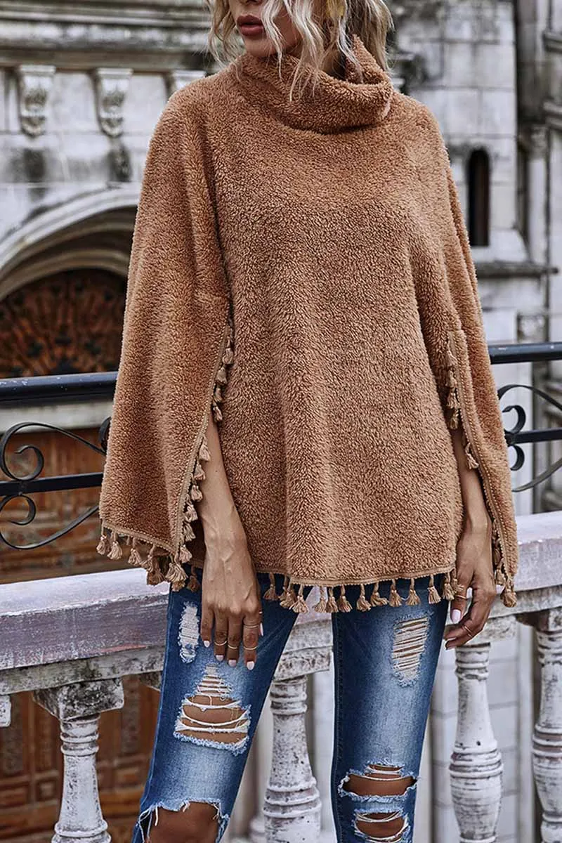 Chicindress Loose High Neck Cape Coat With Fringed