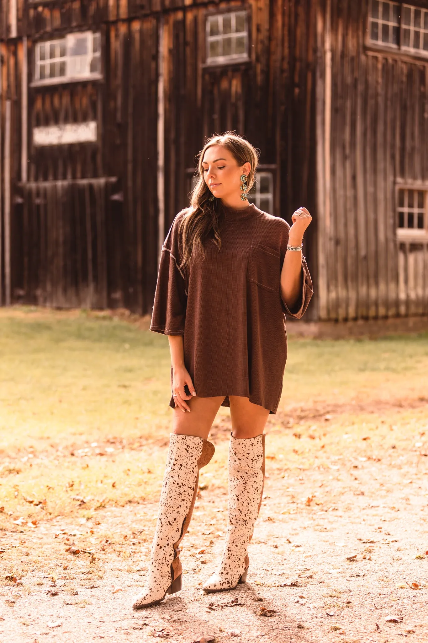 Chocolate High Neck Ribbed Oversized Top