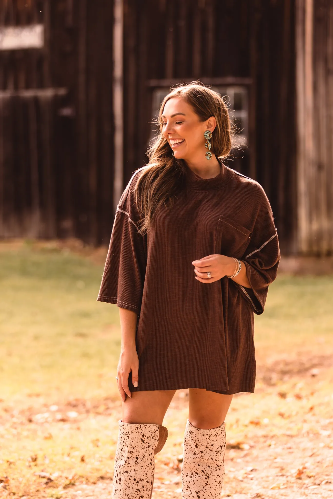 Chocolate High Neck Ribbed Oversized Top