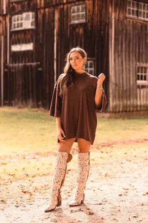 Chocolate High Neck Ribbed Oversized Top