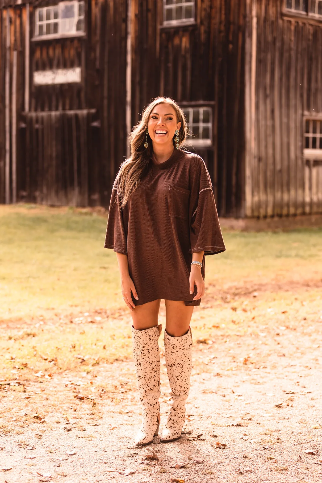 Chocolate High Neck Ribbed Oversized Top