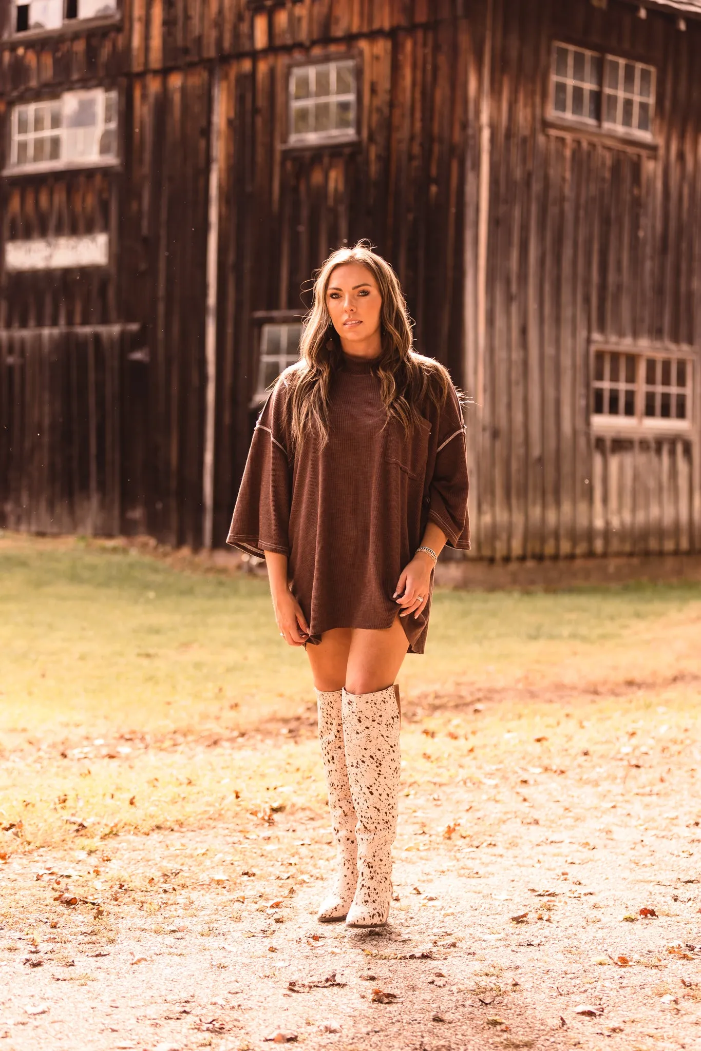 Chocolate High Neck Ribbed Oversized Top