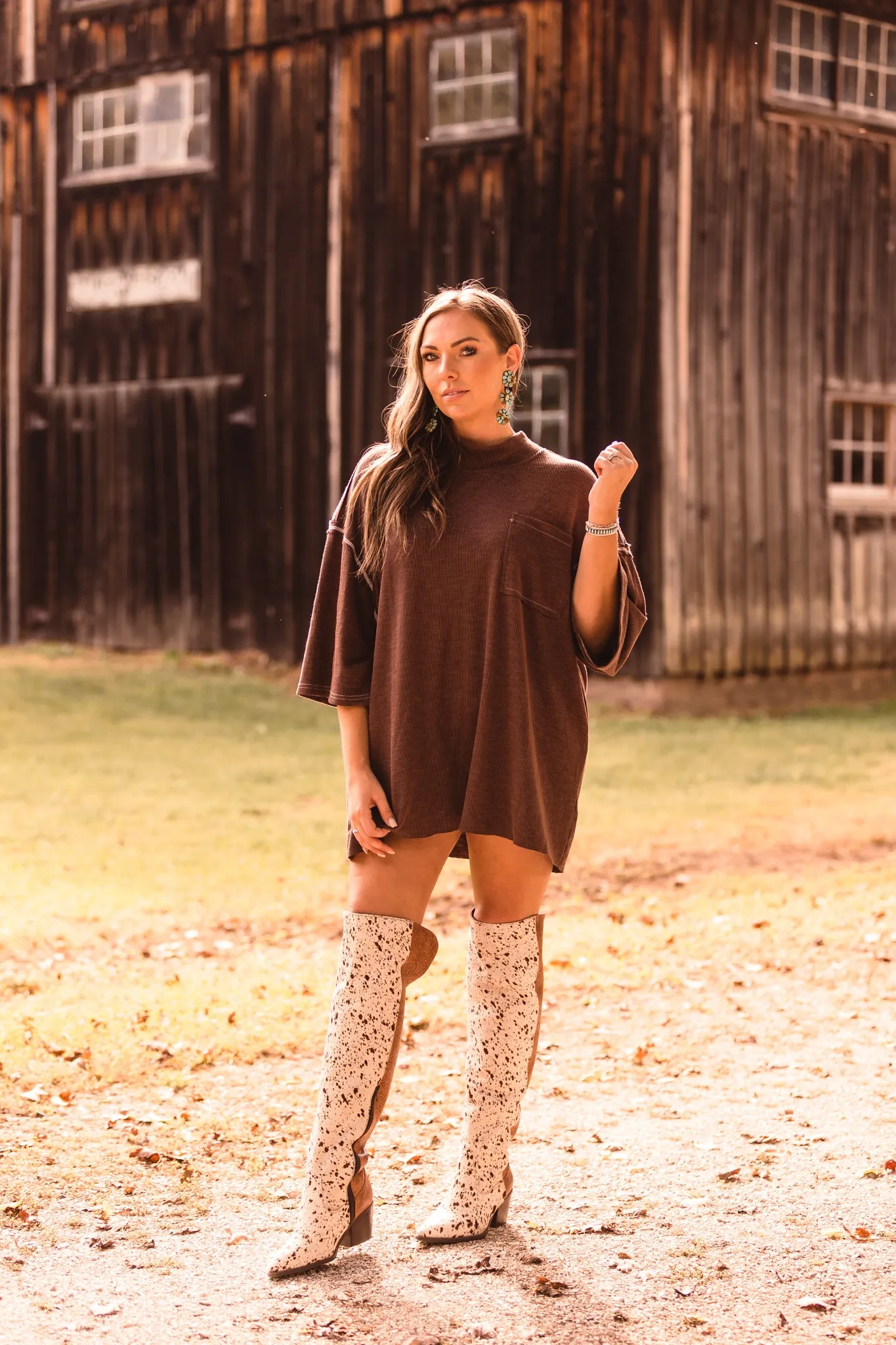 Chocolate High Neck Ribbed Oversized Top