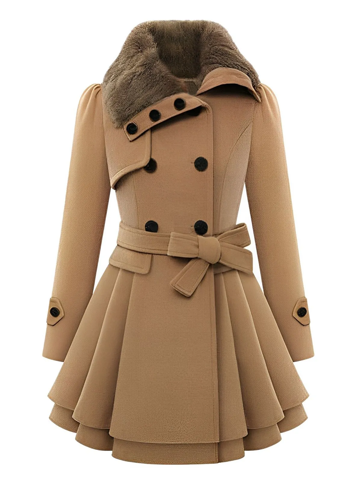 Christmas Fur Collar Waisted Woolen Coat