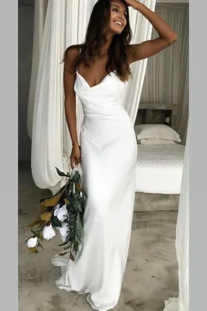 Cowl Neckline White Simple Wedding Gown with Thin Straps