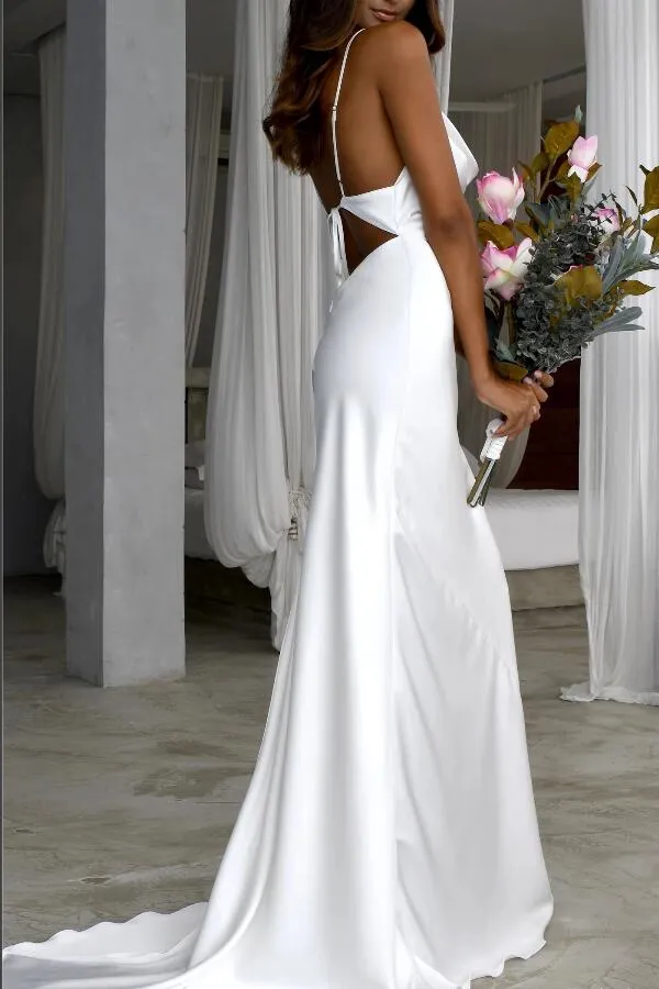 Cowl Neckline White Simple Wedding Gown with Thin Straps