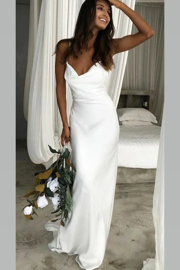 Cowl Neckline White Simple Wedding Gown with Thin Straps