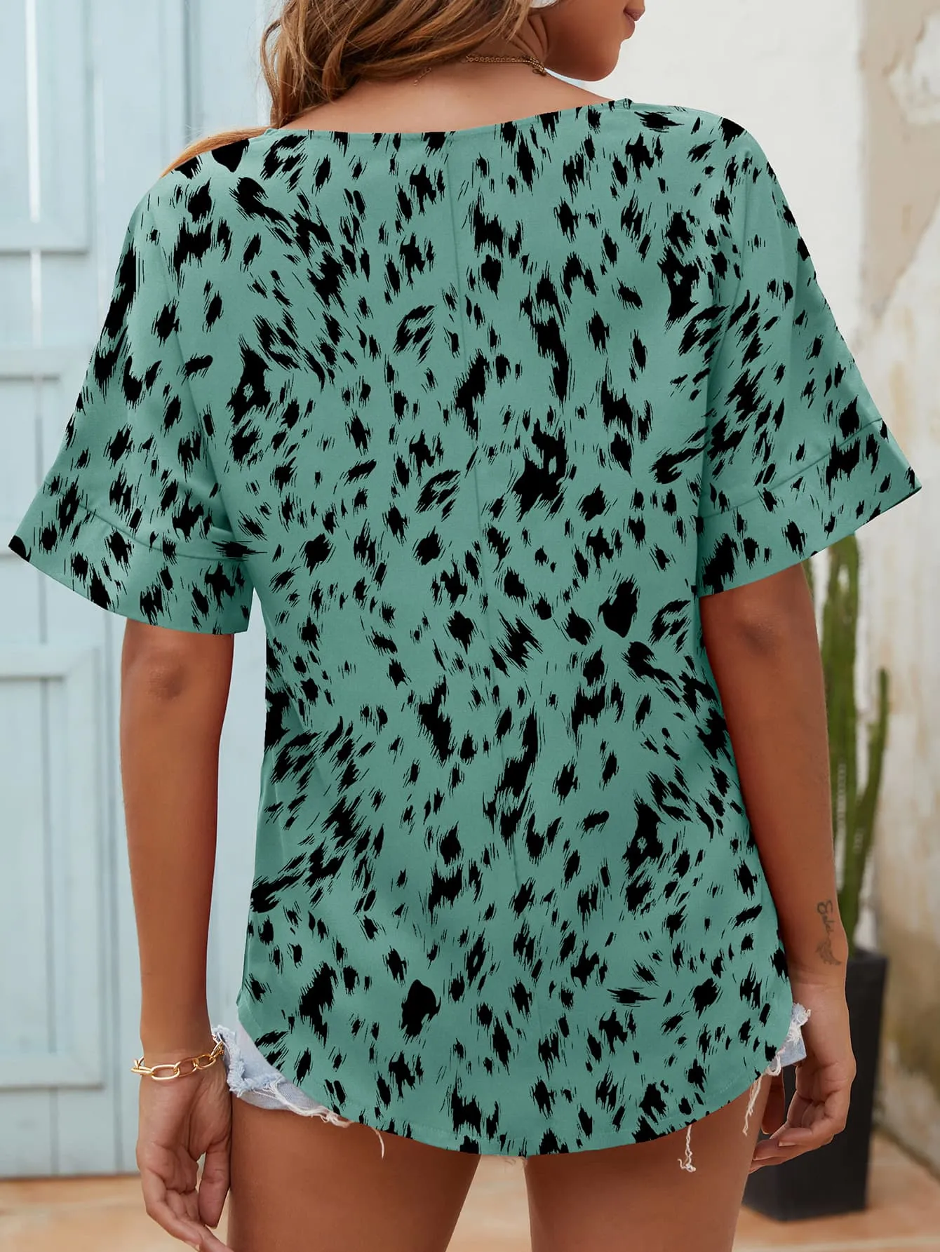 Dalmatian Printed Notched Neck Half Sleeve Blouse (4 Colors)