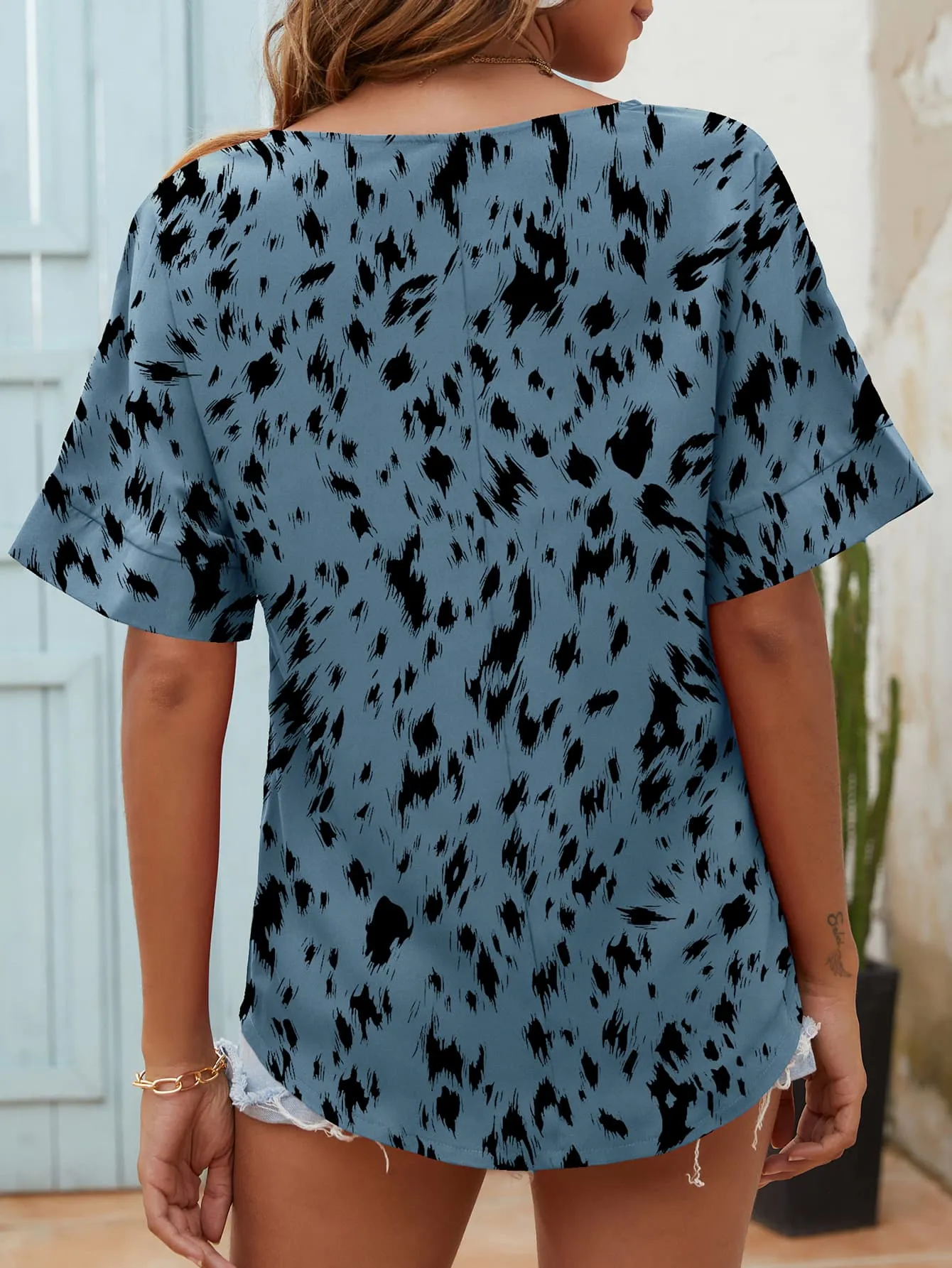 Dalmatian Printed Notched Neck Half Sleeve Blouse (4 Colors)