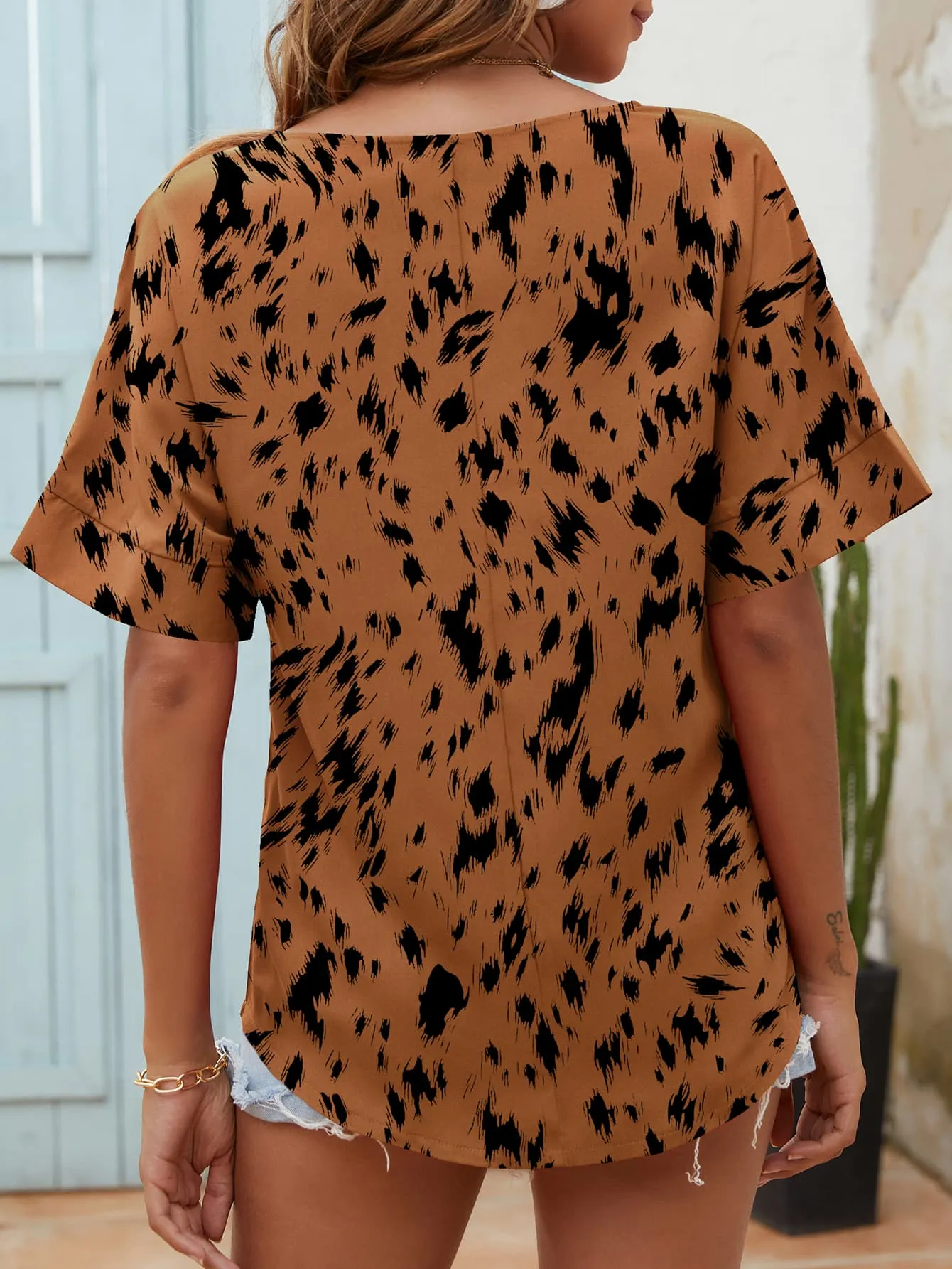 Dalmatian Printed Notched Neck Half Sleeve Blouse (4 Colors)