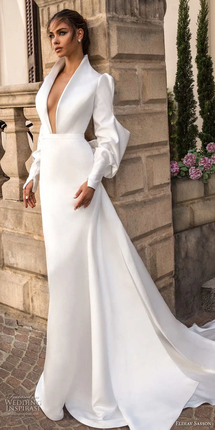 Delicate Satin Wedding Dresses with Full Sleeve Open Back Wedding Gowns with Big Bow