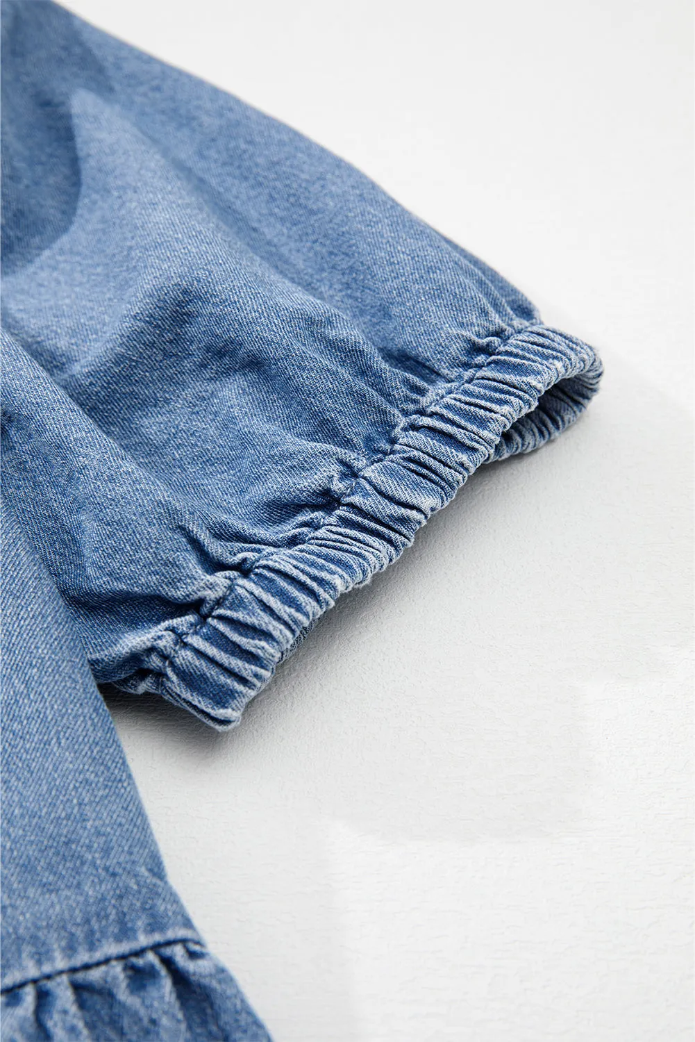 Dusk Blue Tied Front Bubble Sleeve Peplum Denim Shirt