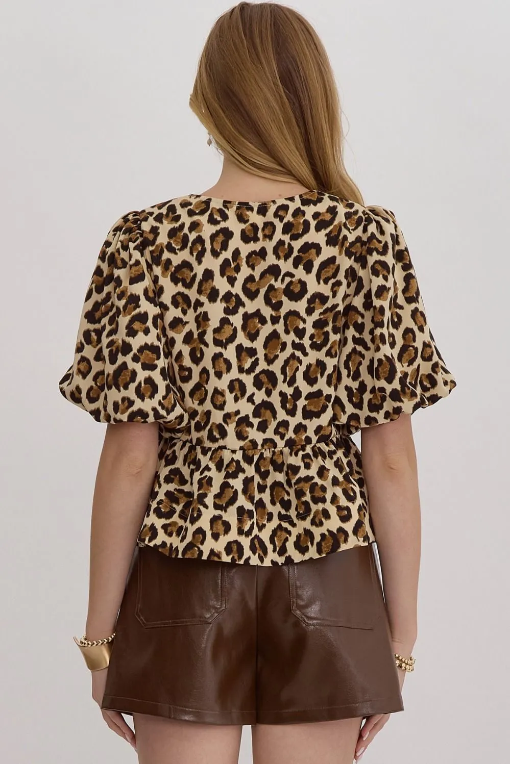 Ecru Leopard Print Bubble Sleeve Peplum Top