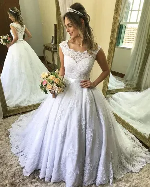 Elegant Lace Wedding Dresses Ball Gowns for Brides 2019 Fashion Bridal Gowns with Belt