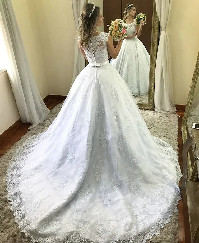 Elegant Lace Wedding Dresses Ball Gowns for Brides 2019 Fashion Bridal Gowns with Belt