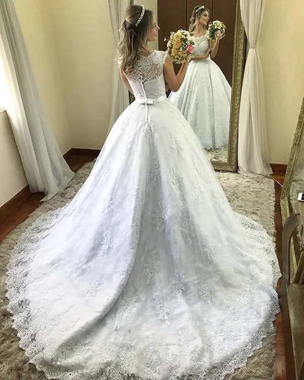 Elegant Lace Wedding Dresses Ball Gowns for Brides 2019 Fashion Bridal Gowns with Belt