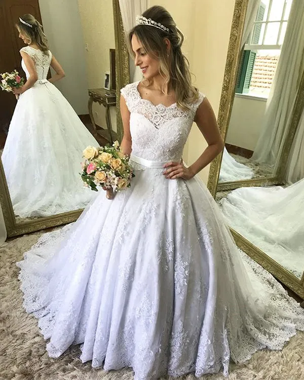 Elegant Lace Wedding Dresses Ball Gowns for Brides 2019 Fashion Bridal Gowns with Belt