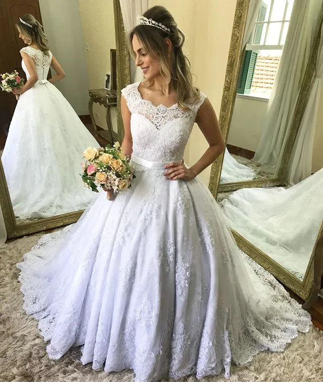 Elegant Lace Wedding Dresses Ball Gowns for Brides 2019 Fashion Bridal Gowns with Belt
