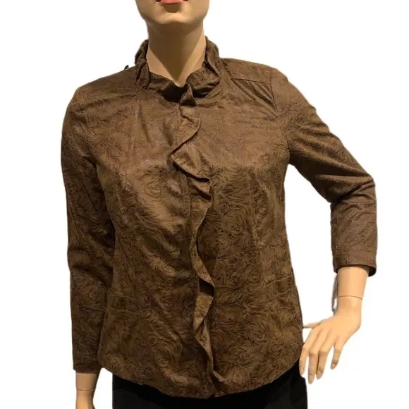 Elementz Woman Faux Suede Jacket Plus 1X Brown Burnout Vegan Zip Up, Pockets NWT