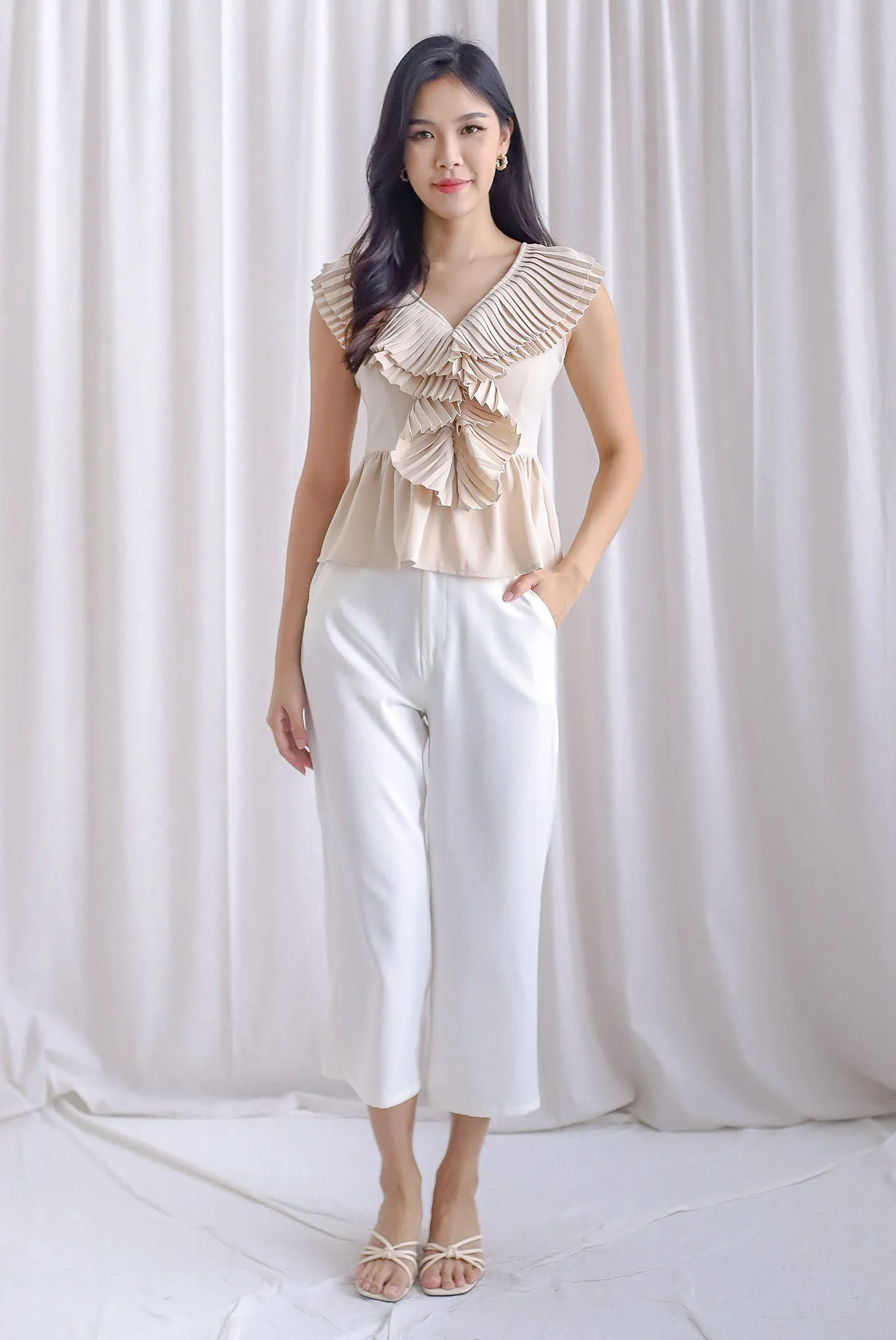 Elisa Pleated Peplum Top In Cream