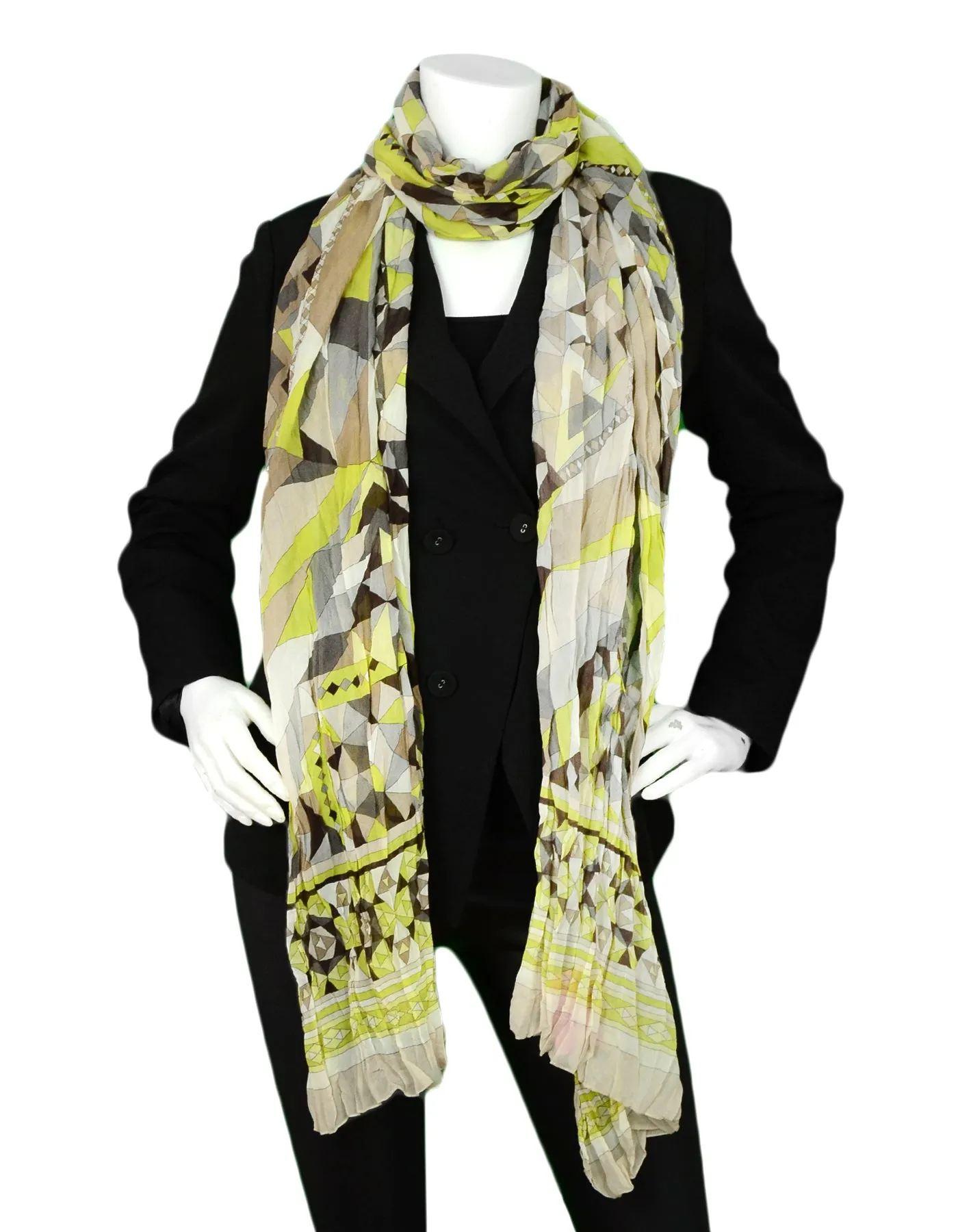 Emilio Pucci Yellow & Grey Silk Crinkled Scarf