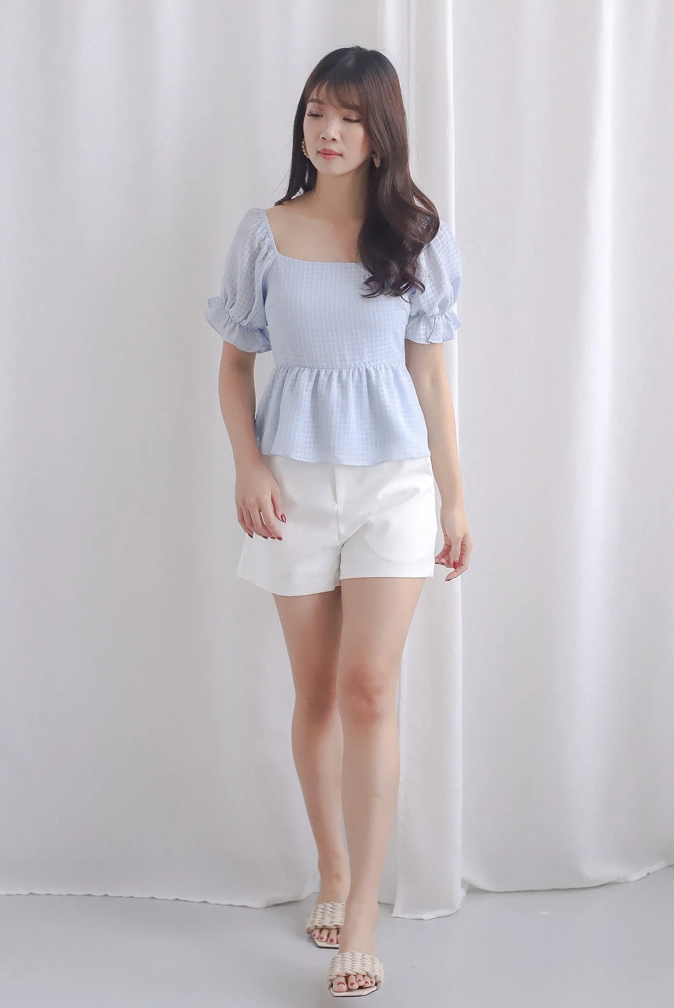 Enysa Gingham Sleeve Peplum Top In Blue