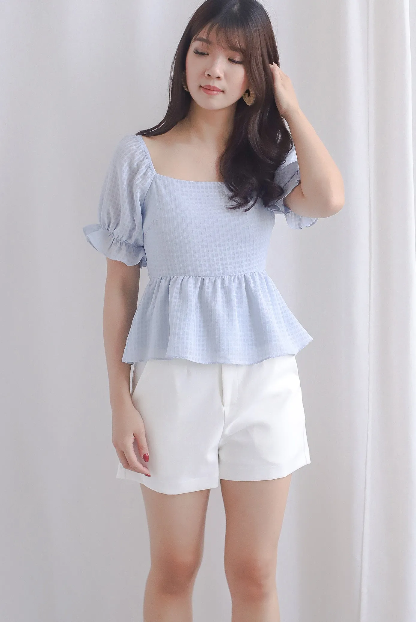 Enysa Gingham Sleeve Peplum Top In Blue