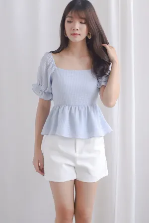 Enysa Gingham Sleeve Peplum Top In Blue