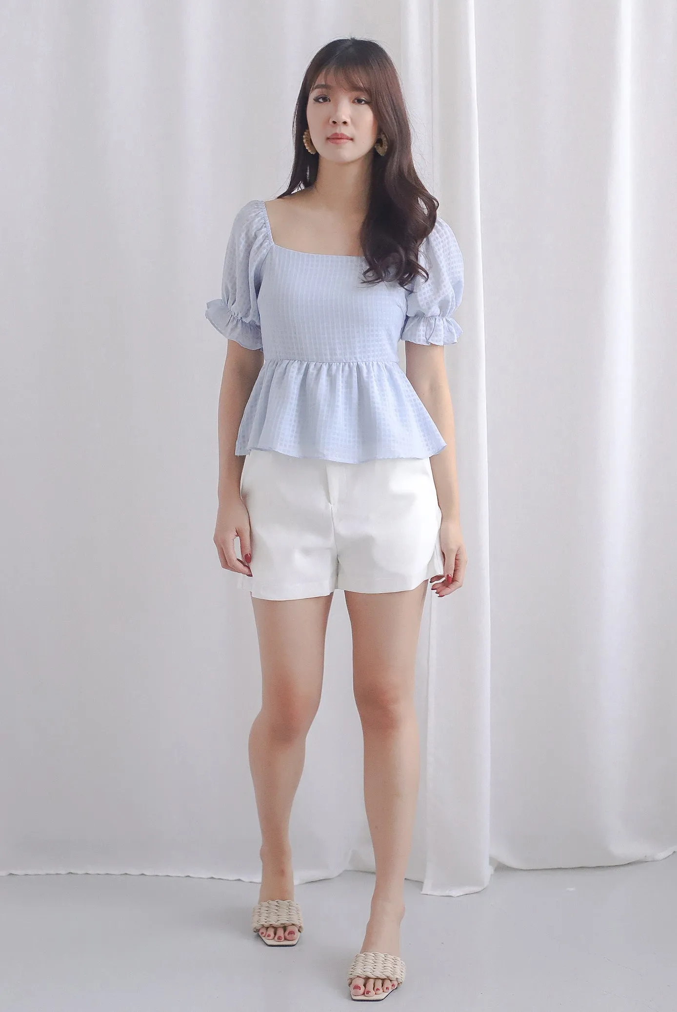 Enysa Gingham Sleeve Peplum Top In Blue