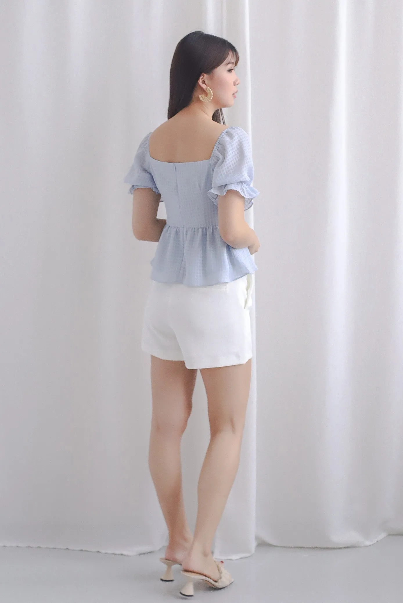 Enysa Gingham Sleeve Peplum Top In Blue