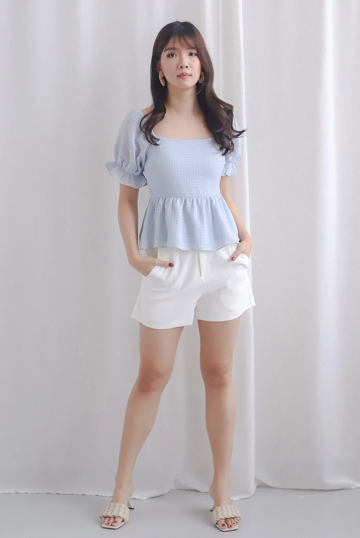 Enysa Gingham Sleeve Peplum Top In Blue