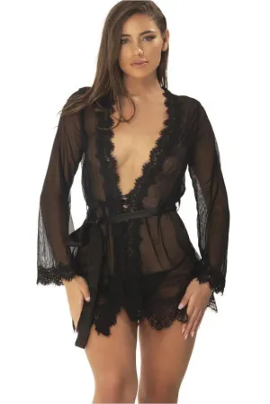 Eyelash Lace Robe With Satin Sash   G-String