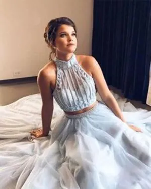 Fashion Ice Blue Prom Dresses with Halter Beaded Tulle Ruffles Two Piece Prom Gowns 2018