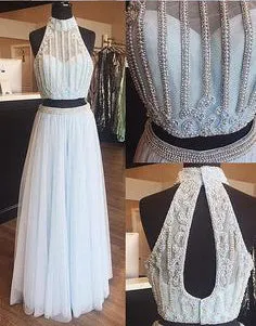 Fashion Ice Blue Prom Dresses with Halter Beaded Tulle Ruffles Two Piece Prom Gowns 2018