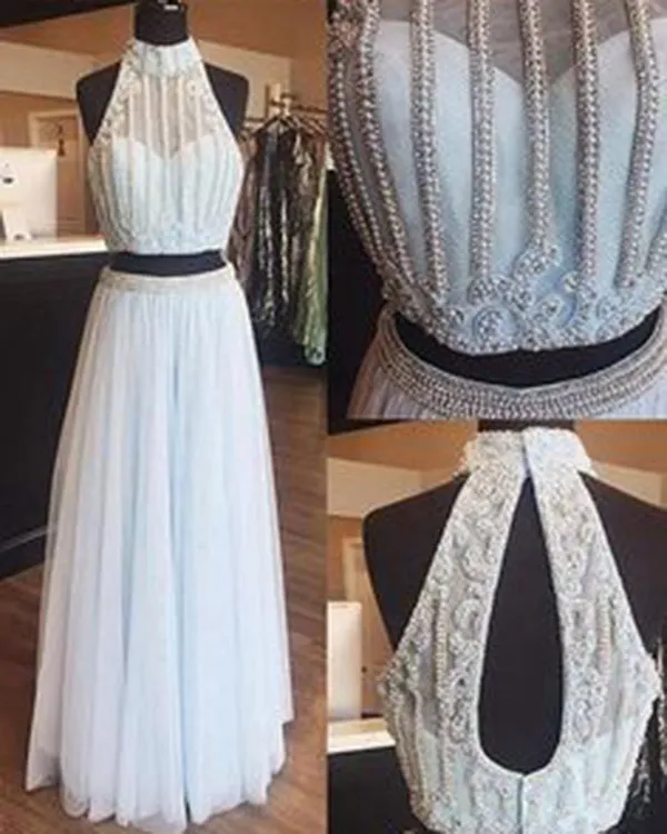 Fashion Ice Blue Prom Dresses with Halter Beaded Tulle Ruffles Two Piece Prom Gowns 2018