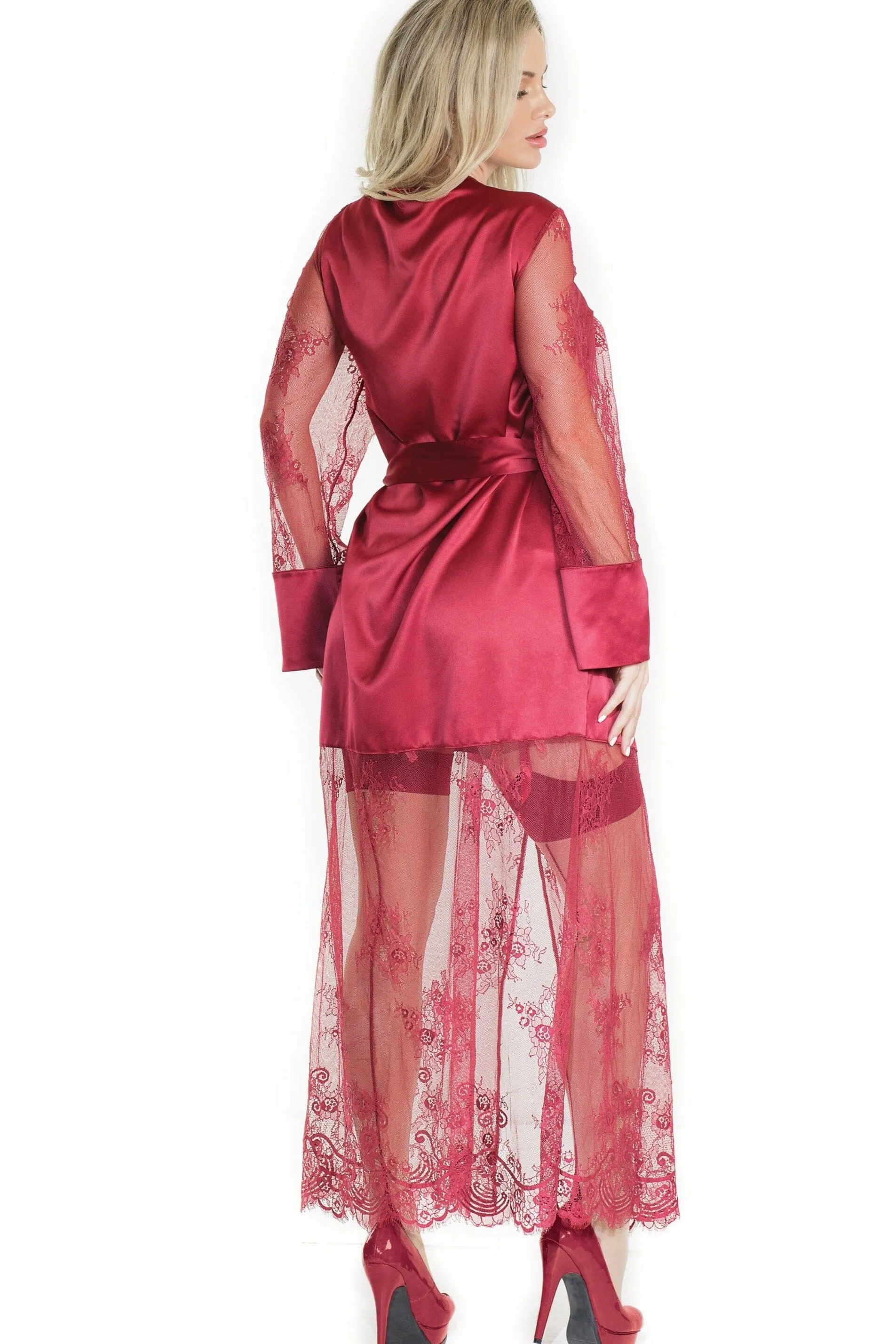 Full Length Satin And Eyelash Rigid Lace Robe With Sash