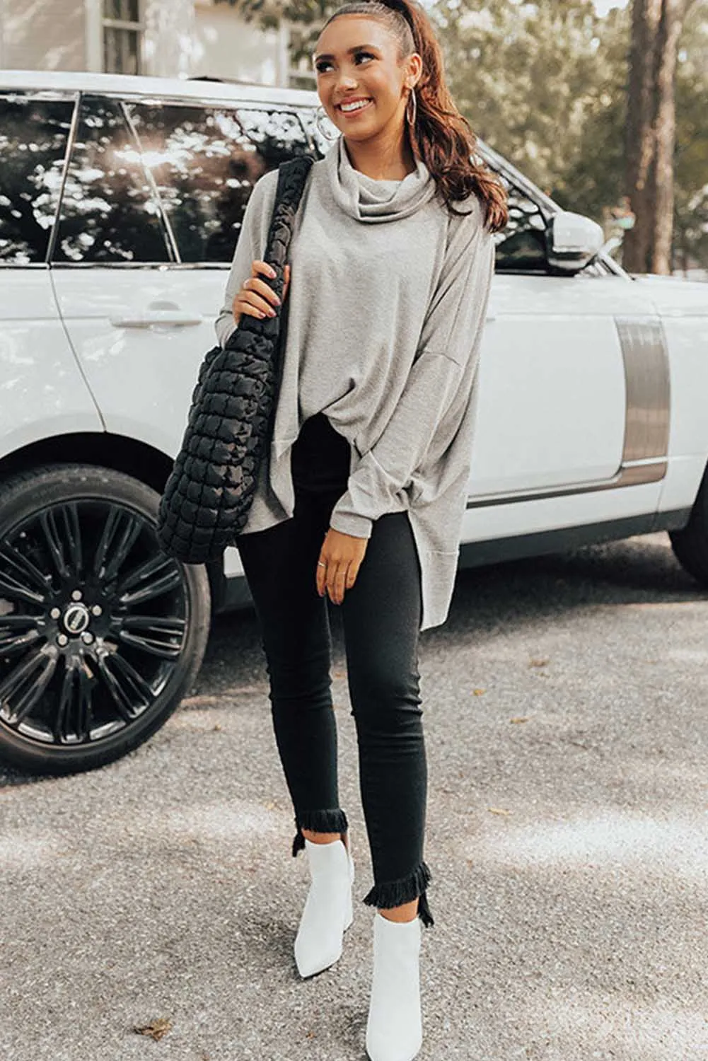 Gray High Neck Long Sleeve Side Slit Top