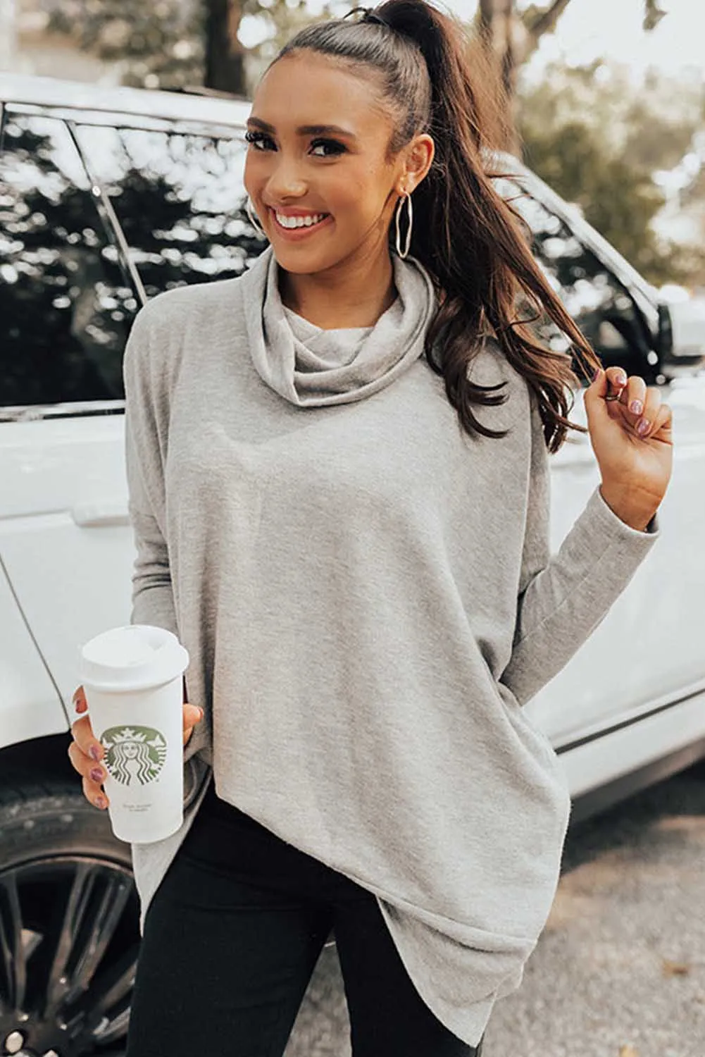 Gray High Neck Long Sleeve Side Slit Top
