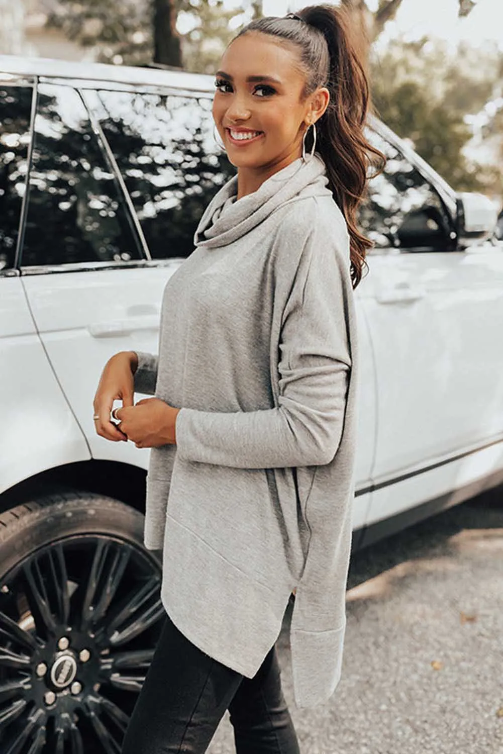 Gray High Neck Long Sleeve Side Slit Top