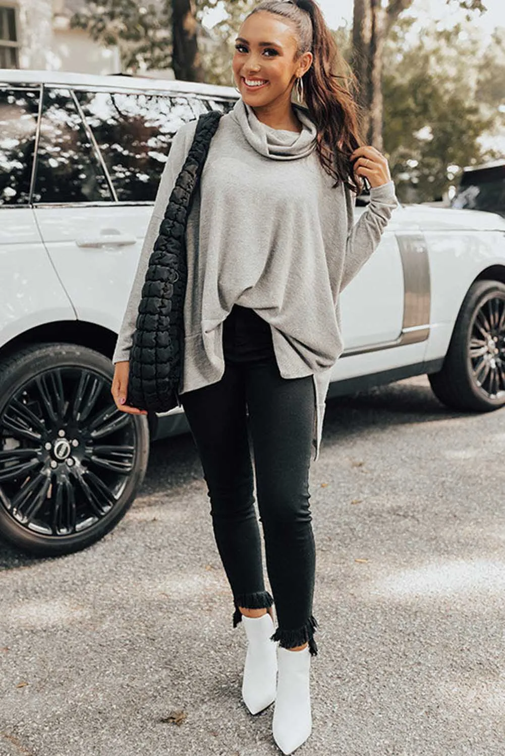 Gray High Neck Long Sleeve Side Slit Top