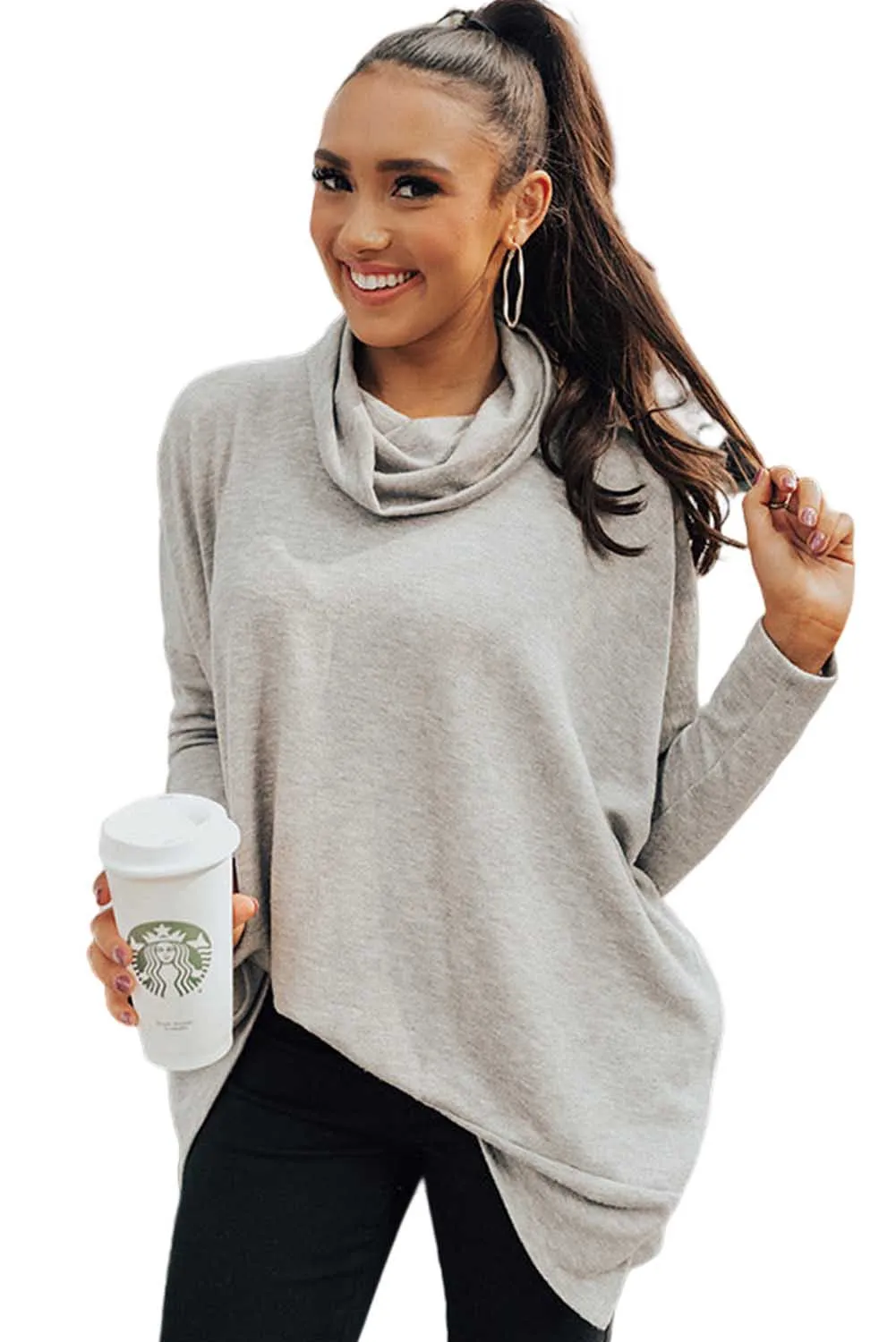 Gray High Neck Long Sleeve Side Slit Top